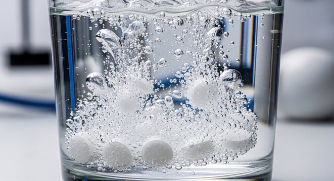 Effervescent Tablets Dissolving in a Glass of Water with Bubbles