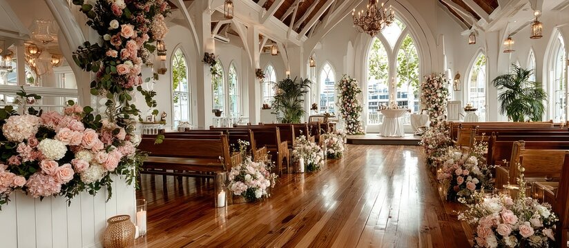 Elegant Wedding Chapel Interior Decorated with Abundant Floral Arrangements and Soft Lighting