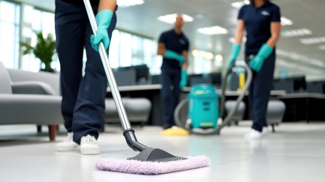 Cleaning team sanitizing modern corporate office space, ensuring pristine work environment