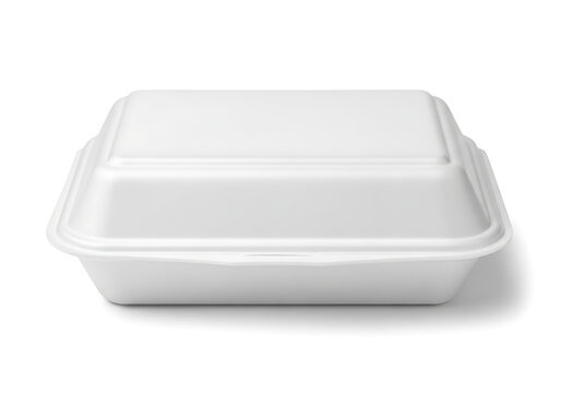 Closed white styrofoam takeout food container on a plain white background
