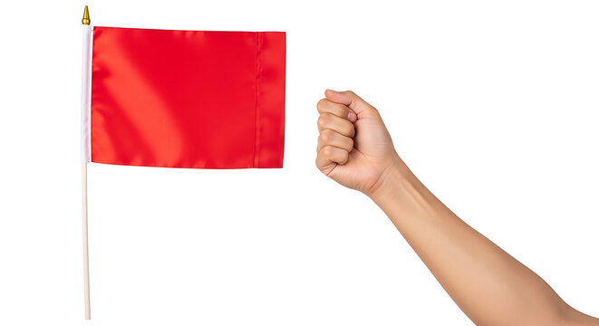 Hand holding a small red flag against a white background