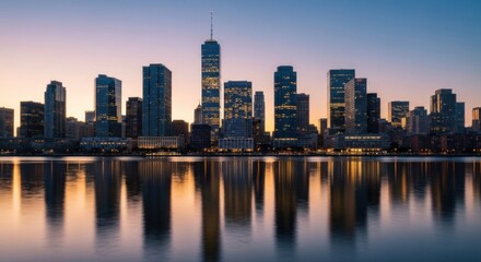Obraz premium City skyline reflecting in calm water at dawn or dusk, colorful sky