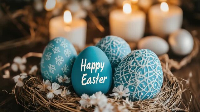 Decorated blue Easter eggs with "Happy Easter" text rest in natural nest with small white flowers, soft glowing candles provide warm background light for festive holiday celebration.