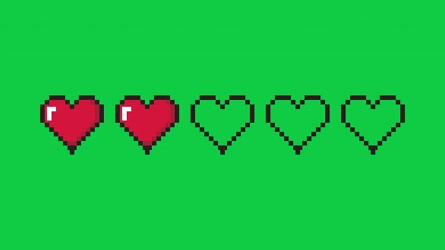 Animated Pixel Heart Health, Animation of pixel game life bar. Vector art 8 bit health heart bar. Gaming controller, symbols set. Game over concept
