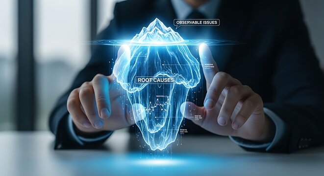 Root cause analysis concept. A business analyst's hands touch a holographic iceberg, with the largest part submerged, representing hidden data or root causes.