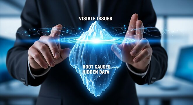 Root cause analysis concept. A business analyst's hands touch a holographic iceberg, with the largest part submerged, representing hidden data or root causes.