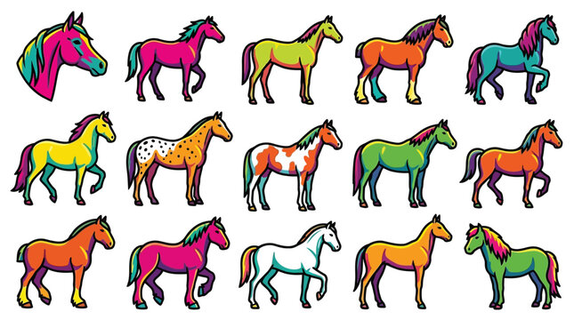 A vibrant collection of stylized horses in various colors and poses, showcasing a playful and artistic representation of equine beauty.