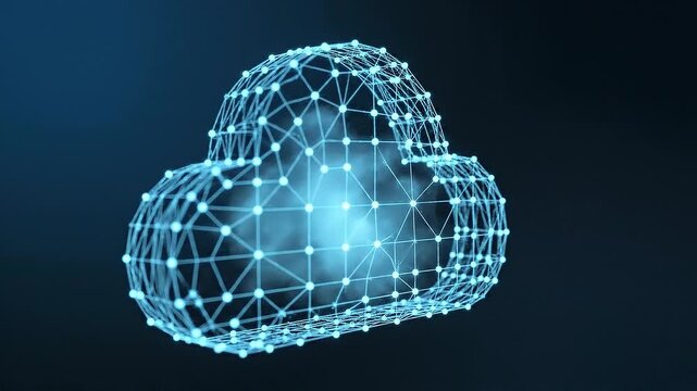 A futuristic video visualization of a cloud computing concept with glowing blue lines and dots on a dark background