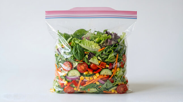 Fresh green salad mix in plastic zip bag