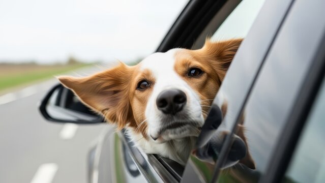 Happy dog with floppy ears looking out of a moving car window.