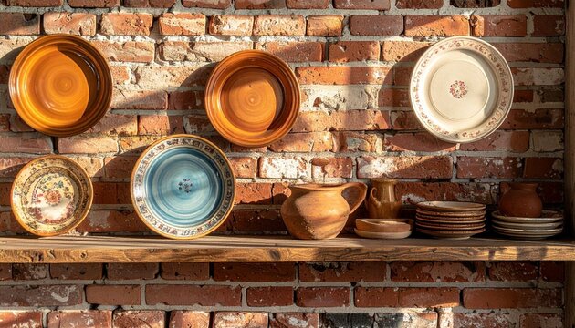 Rustic plates displayed on a brick wall
