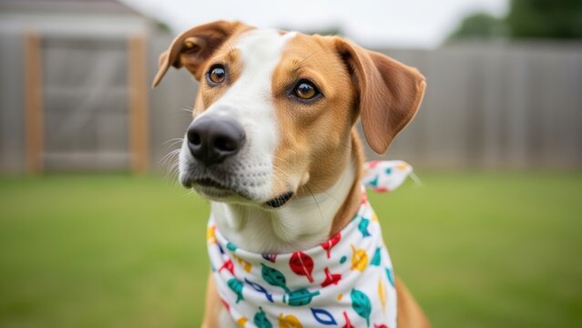 Adorable tan and white dog with floppy ears wearing a patterned bandana outdoors.