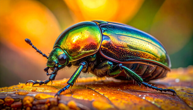 Shiny beetle on a textured leaf