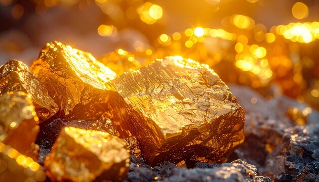 Shiny golden nuggets with bokeh effect