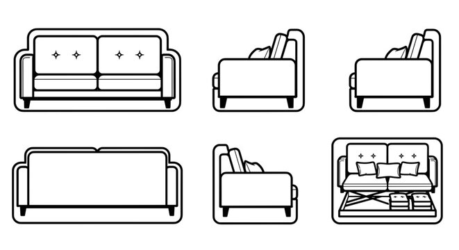 A minimalist vector illustration of a sofa in multiple views