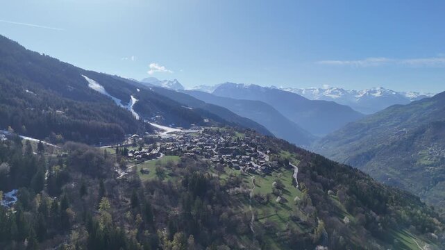 Aerial view nature landscape of le Praz village in Courchevel ski resort by spring, French alps mountains