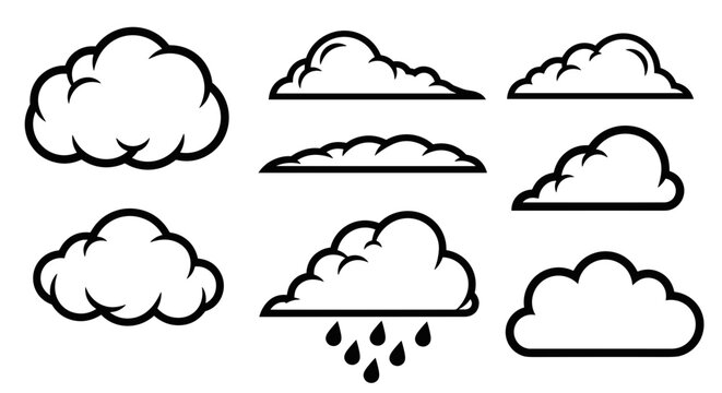 A set of nine cloud icons in a minimalist line art style with a white background