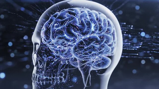 A video showcasing a futuristic digital illustration of a human brain with glowing blue circuits and a skeleton face in a dark background.