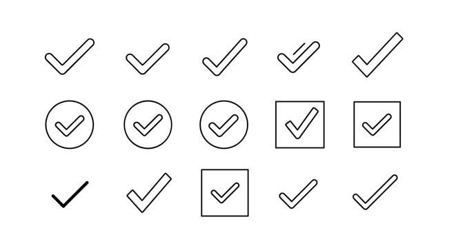 A set of various checkmark icons in different shapes and styles for use in design and user interfaces
