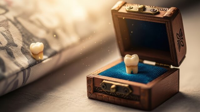 Lost baby tooth in a tiny treasure box, with another tooth on a pillow nearby.