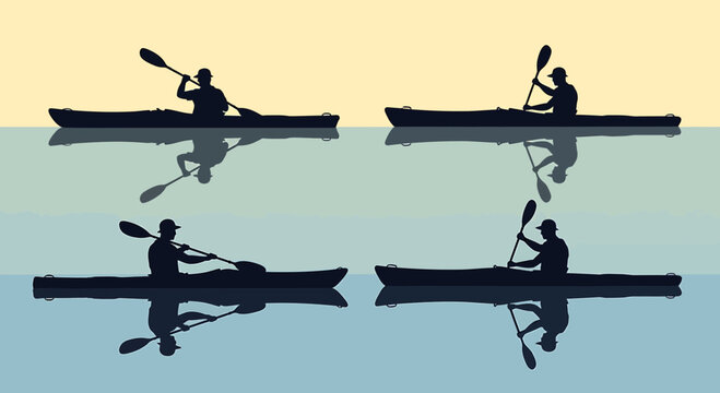 Silhouettes of four kayakers rowing on calm water with reflections
