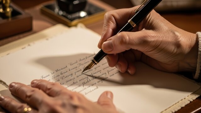 Close-up of a hand writing on old paper with an elegant fountain pen.