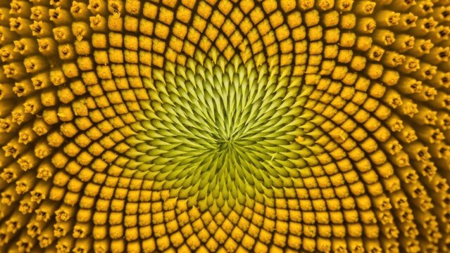 Hypnotic macro shot of the spiral seed pattern at the heart of a sunflower.