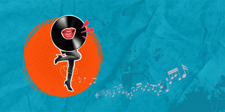 A halftone, surreal collage featuring a vintage vinyl record with seductive red lips and dancing female legs in high heels. Space for text. Perfect for music festival posters, podcast covers