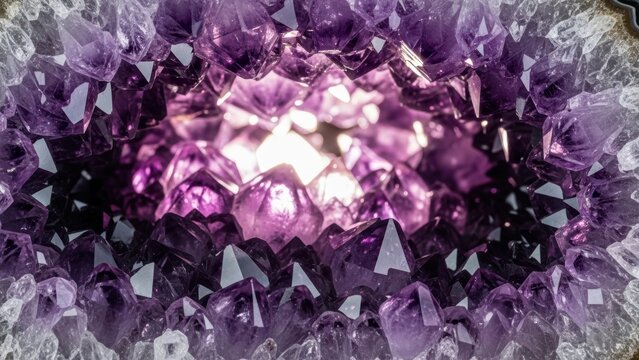 Abstract macro shot inside a geode filled with vibrant purple amethyst crystals.