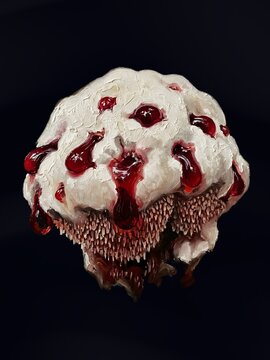 Hydnellum Pezizoides Bleeding Tooth Fungus Rare Mycology Impasto Oil Painting Style Dark Background Fine Art Scientific Illustration