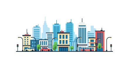 Obraz premium Modern Flat Vector Cityscape Illustration with Skyscrapers, Urban Traffic, and Street Elements Isolated on White Background