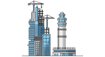 Obraz premium Modern City Infrastructure and Airport Construction Site Vector Illustration with Control Tower, Skyscrapers, and Industrial Cranes on White Background
