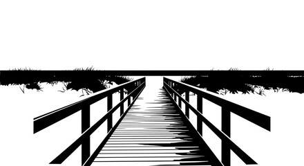 Naklejka premium Wooden bridge path to the ocean beach black and white illustration