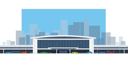 Obraz premium Modern Airport Terminal Building Illustration with City Skyline and Cars, Flat Design Vector for Travel and Transportation Concepts
