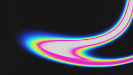 A grainy abstract fluid design featuring a wavy, neon rainbow-hued light trail with glitch and chromatic aberration effects against a dark black background.  © yun visual