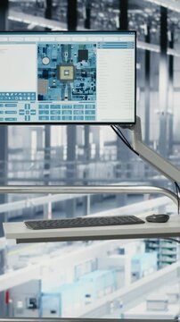 Vertical video Developing advanced electronics, simulation software on display and empty microchip industry 4.0 plant. Optimizing semiconductor design, automation program technology and monitor