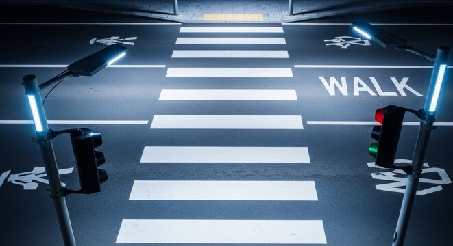 A clear marked crosswalk with bright white stripes on a smooth asphalt road features modern lighting and distinct safety signage indicators, pavement, white, black