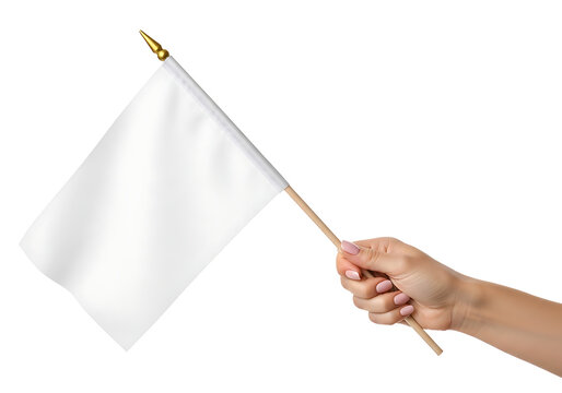 Hand holding a blank white flag with a wooden pole