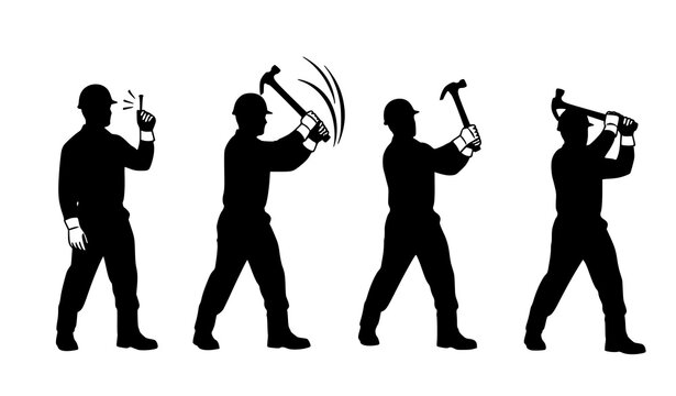 Vector silhouette set of construction worker using hammer in various labor and repair poses