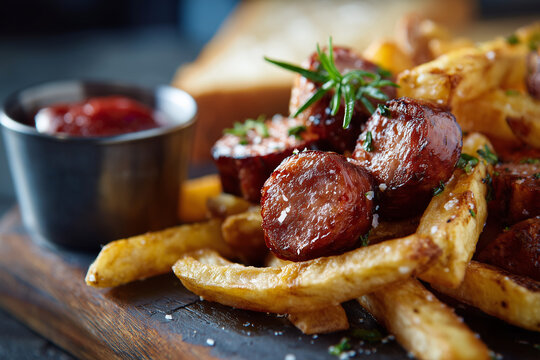 Por&ccedil;&atilde;o de batata frita com lingui&ccedil;a calabresa, tradicional comida de buteco.