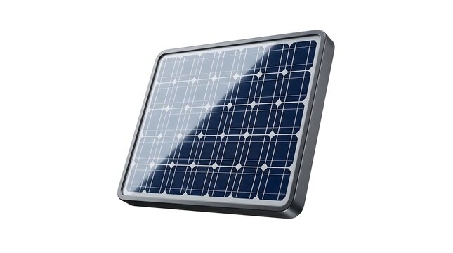 Single photovoltaic solar panel module for renewable energy production isolated on a white background, 3D render of a high-efficiency blue polycrystalline silicon solar cell with frame.