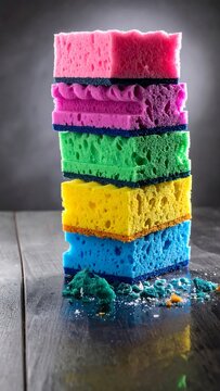 A stack of colorful cleaning implements is shown, against a grey background, sitting atop a dark wood surface with scattered crumbs. The spongey layers are varied hues