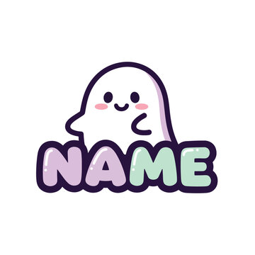 Cute cartoon ghost character with pastel lettering name tag.