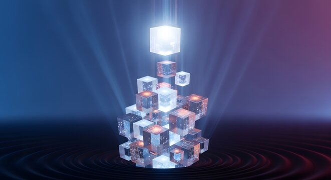Rising stack of glowing crystal data cubes with a single floating peak, digital network concept.