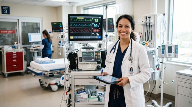 Doctor holding tablet beside vital signs monitor in hospital bay