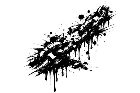 Chain Ink Art, Splattered ink-style illustration of a chain with dripping paint and scattered blotches, symbolizing bondage and strength
