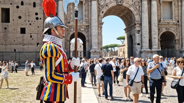 Pontifical Swiss Guard in traditional uniform holding a halberd standing still in front of the Arch of Constantine and the Colosseum with tourists walking around on a sunny day in Rome, Italy.