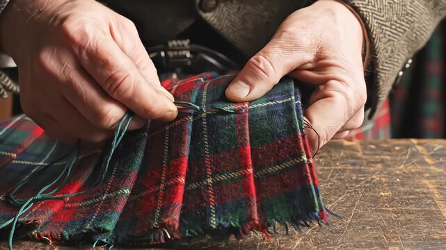 Close up of an artisan kilt maker's hands hand sewing a piece of traditional Scottish tartan fabric with a needle and thread on a worn wooden table.