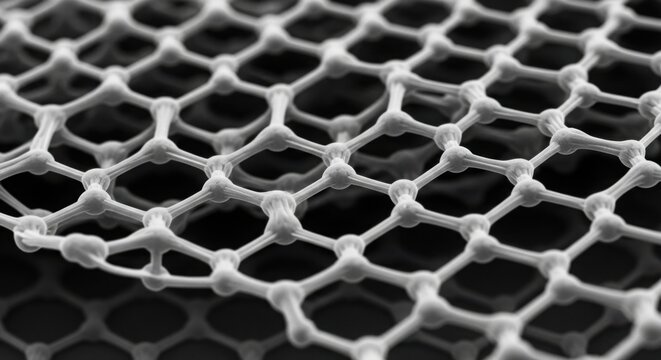 A close up view of a hexagonal graphene carbon lattice structure with high depth of field focus.