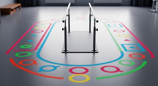 Overhead view of a rehabilitation floor featuring colored floor markers and parallel bars designed for gait training and physical therapy, health, top view, indoor